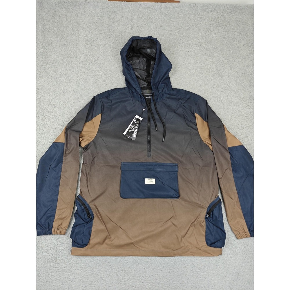 Reason Jacket Mens XL Navy Brown‎ Hooded Anorak 1/4 Zip Pockets RUC-003 New